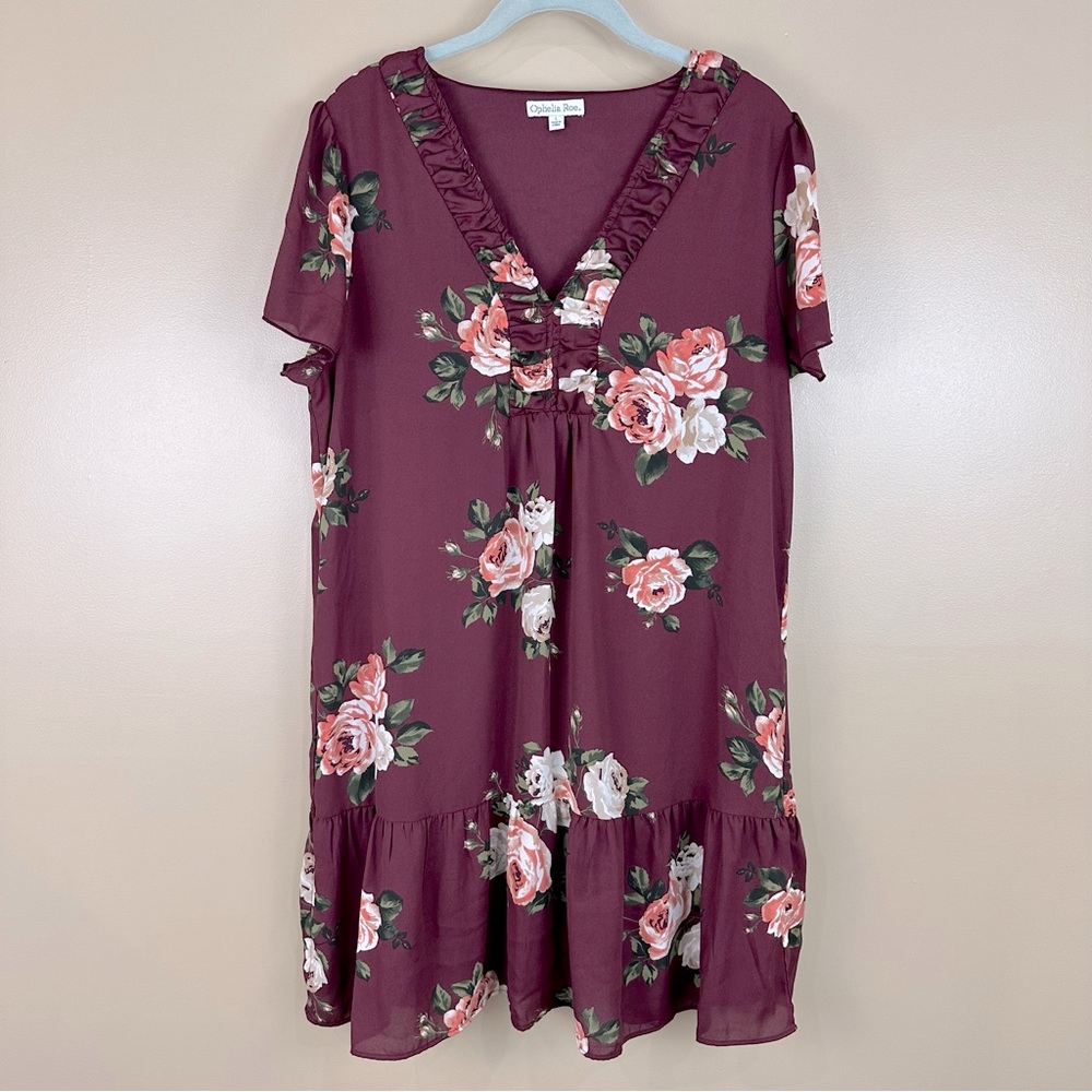 Ophelia Roe Ruffled Burgundy Floral Rose Print Drop Peplum Dress Large Romantic